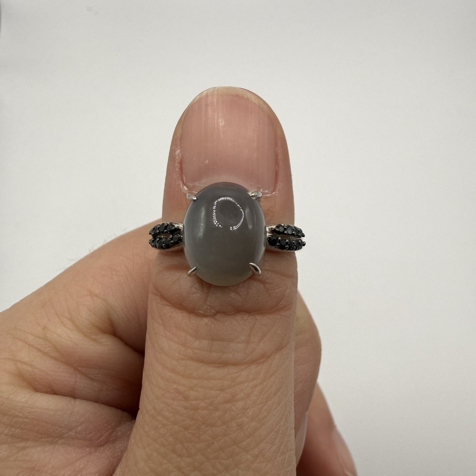 Vintage Sterling Silver 925 Gray Stone Black Rhinestone Ring Size 7.75