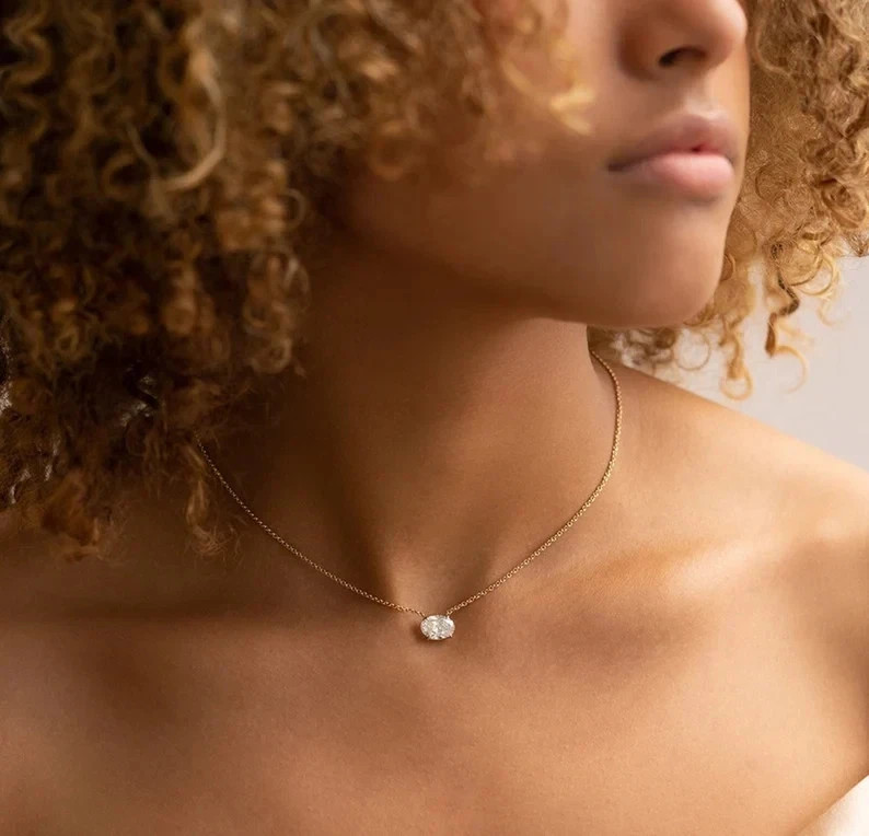Lab Created Diamond Oval Cut 14K Yellow Gold Finish Valentine’s Gift Necklace