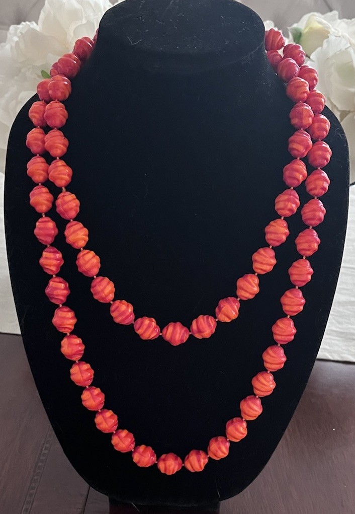 Vintage Orange Coral Red Resin Textured Beaded Extra Long 48” Knotted Necklace