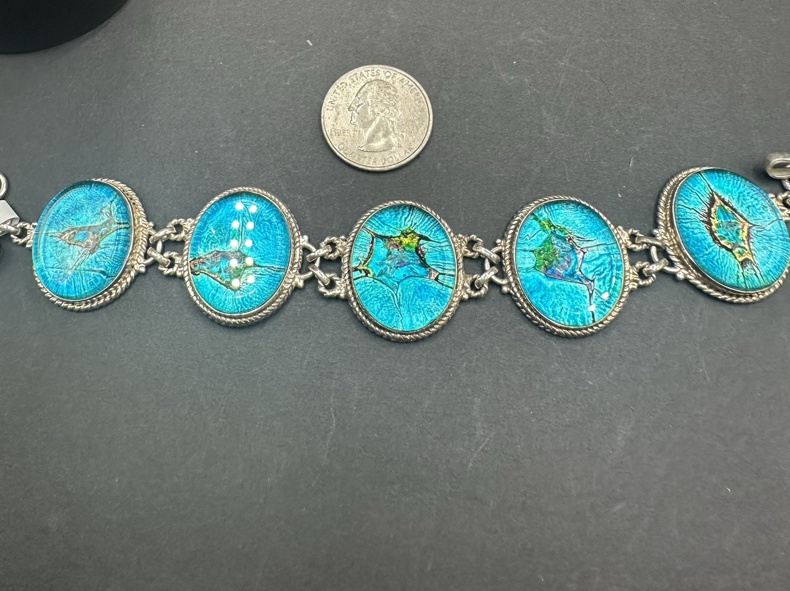 Vintage Sterling Silver 925 Beetle Wing Elytra Bracelet Blue Green 44.29g 6.5”