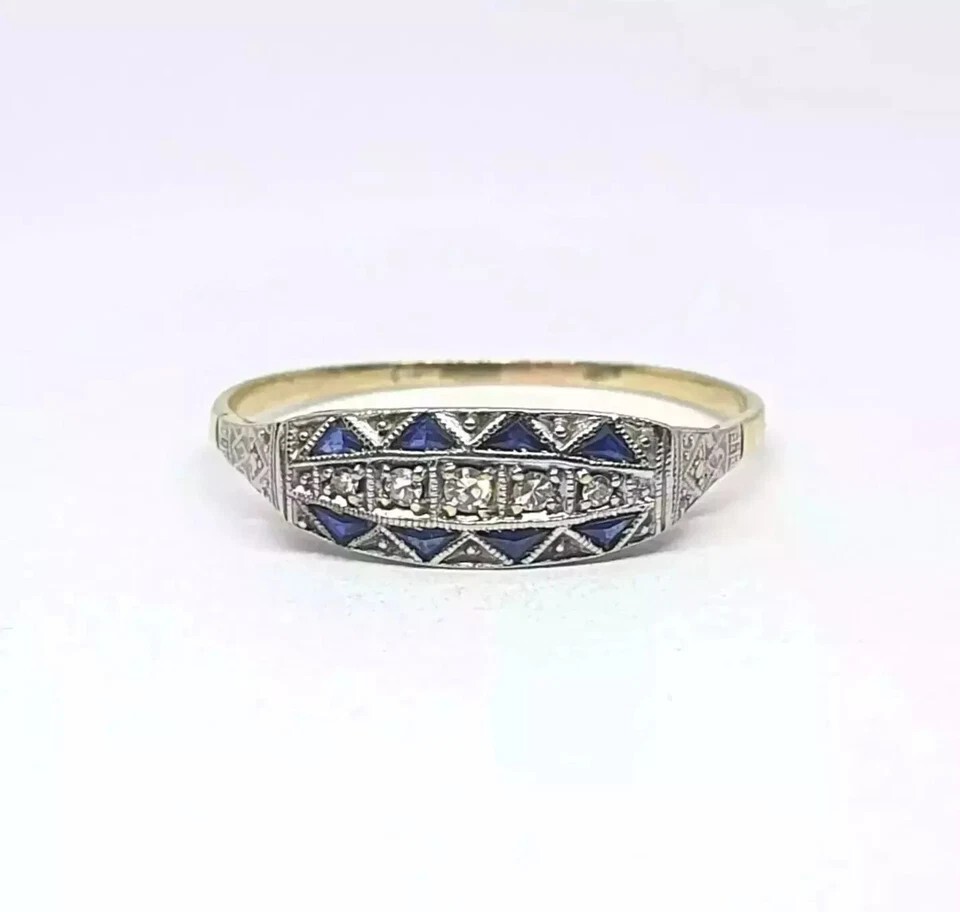 Art Deco Vintage Style Lab-Created Diamond Sapphire 14k Gold FN Engagement Ring
