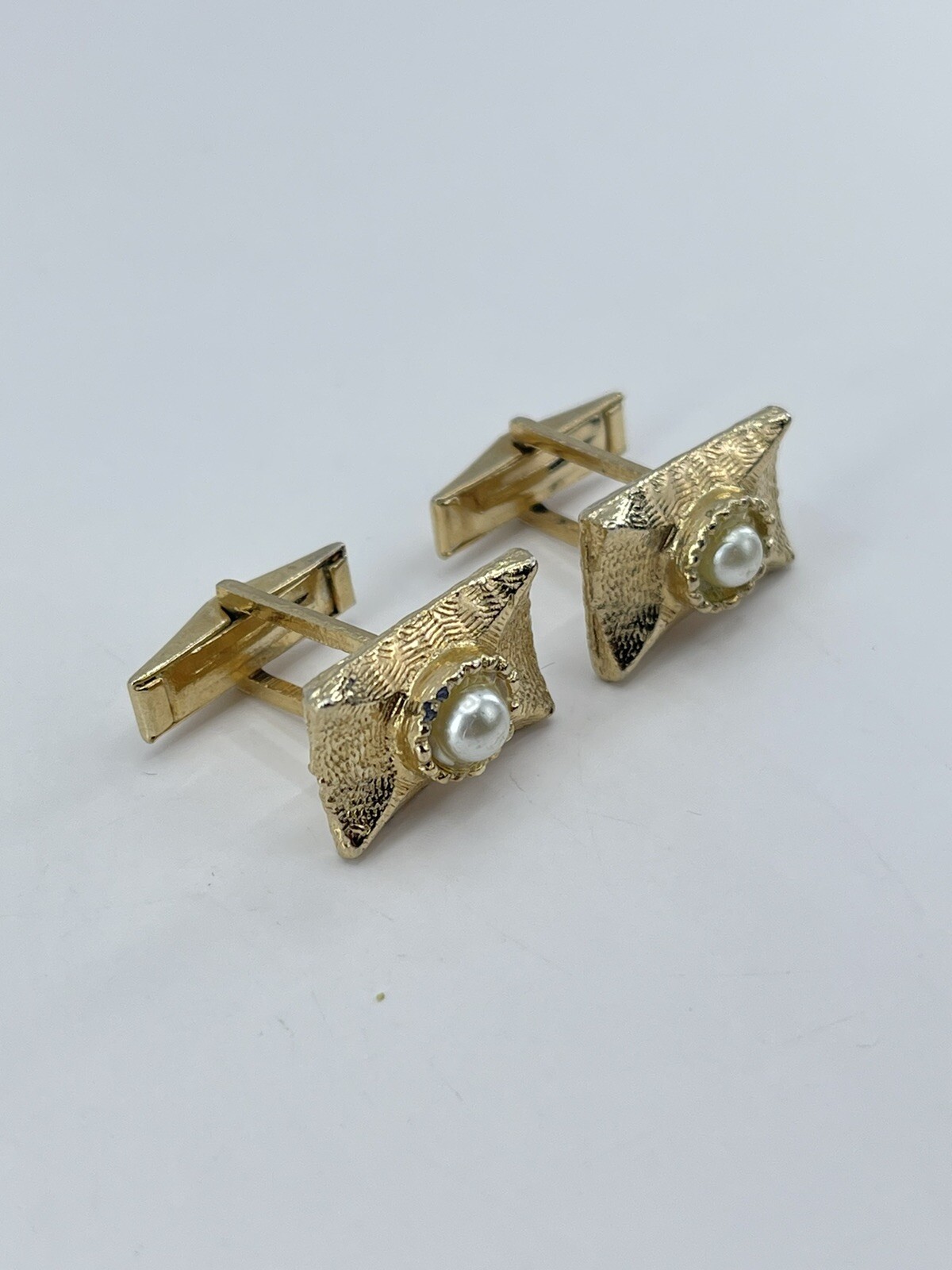 Vintage Faux Pearl mens cufflinks rectangle brushed gold tone concave whale back