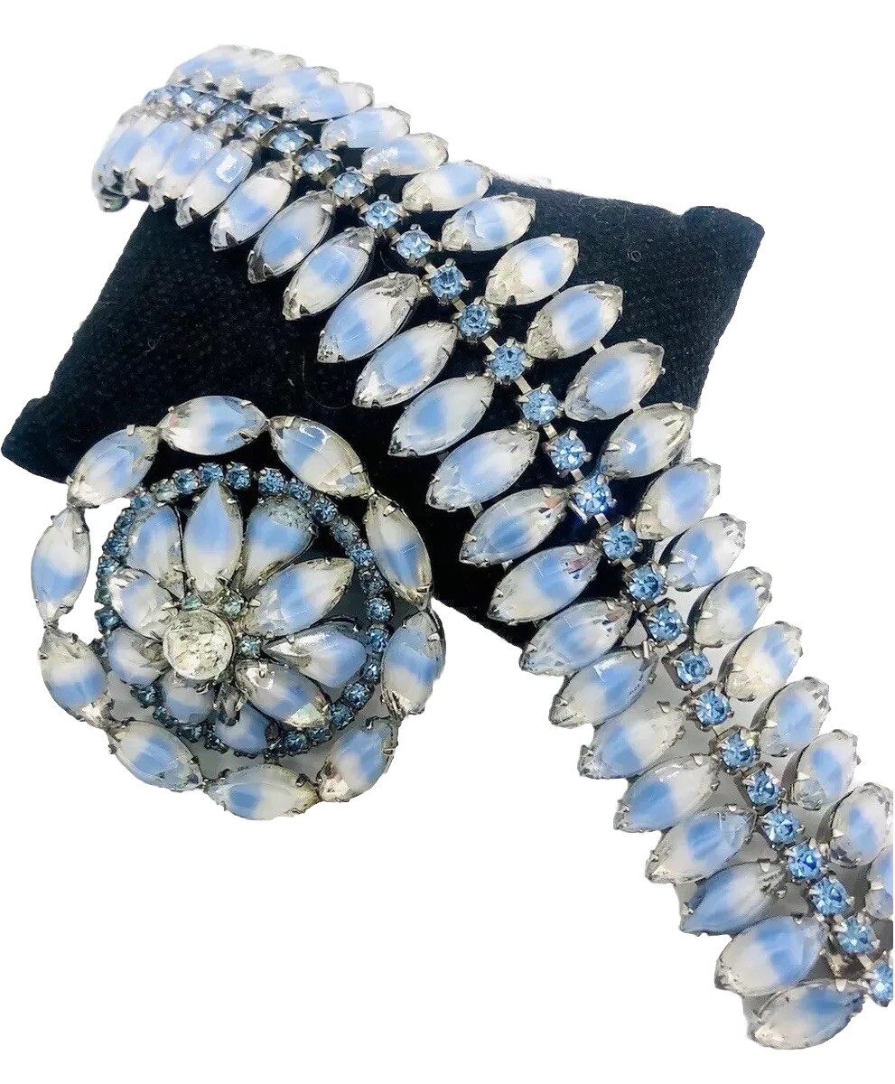 KRAMER NY Wide Givre Rhinestone Bracelet & Brooch Demi Signed Vintage Jewelry