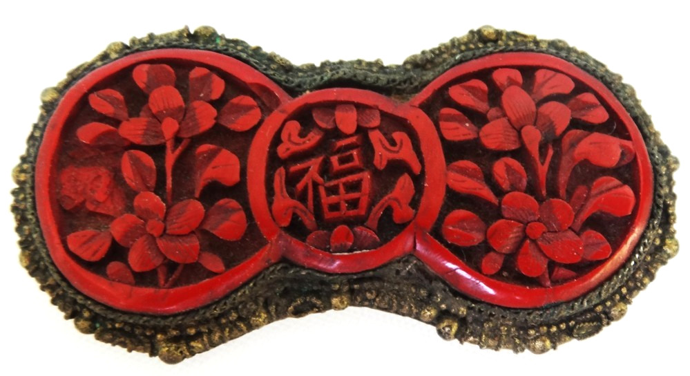 Antique 19th Century Chinese Export Flowers Leaves FU Symbol Cinnabar Brooch