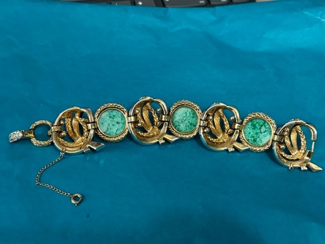 MARCEL BOUCHER TURQUOISE ART GLASS CABOCHONS & RHINESTONE BRACELET SIGNED/NUMBER