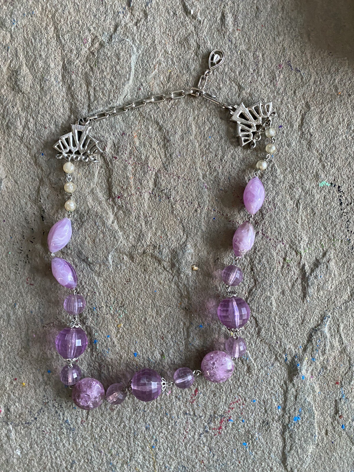 Vintage Necklace Beaded Lavender Lilac Pearl Faceted Silver Tone