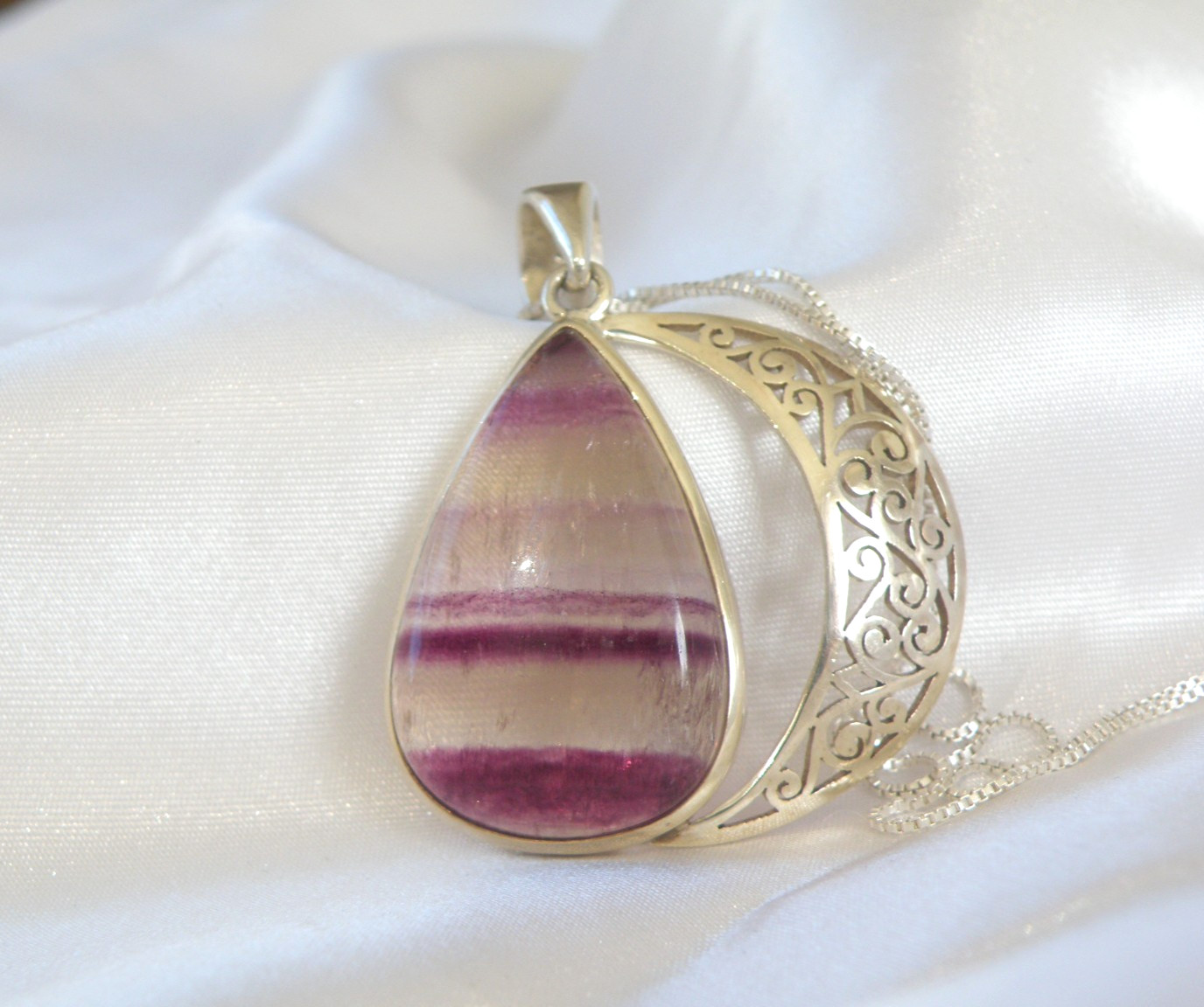 Large Sterling Silver 925 Fluorite Crescent Moon Pendant Necklace