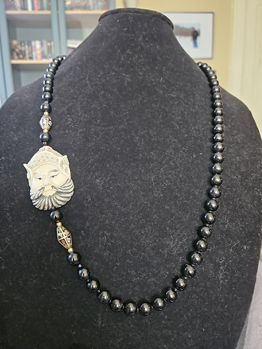 Vintage Japanese Men-Netsuke Mask Statement Necklace – Cloisonné Accents