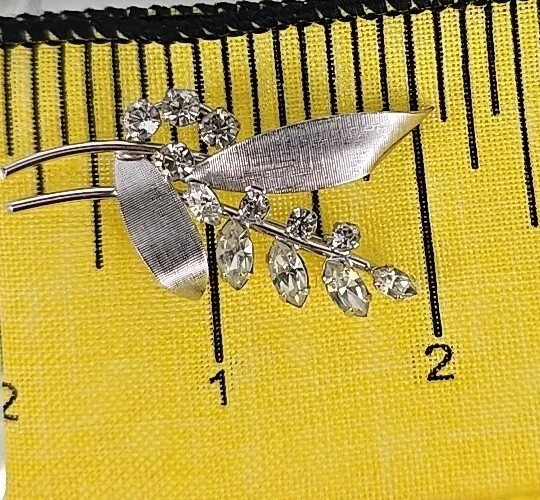 Vintage 925 Sterling Silver Clear Rhinestone Flowers Plant Brooch Pin #1