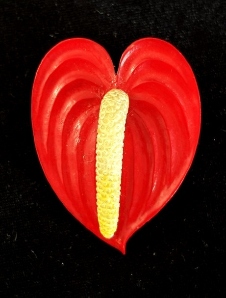 VTG 1940s Carved Wood Enameled ANTHURIUM TROPICAL FLOWER Pin Brooch Earrings Set