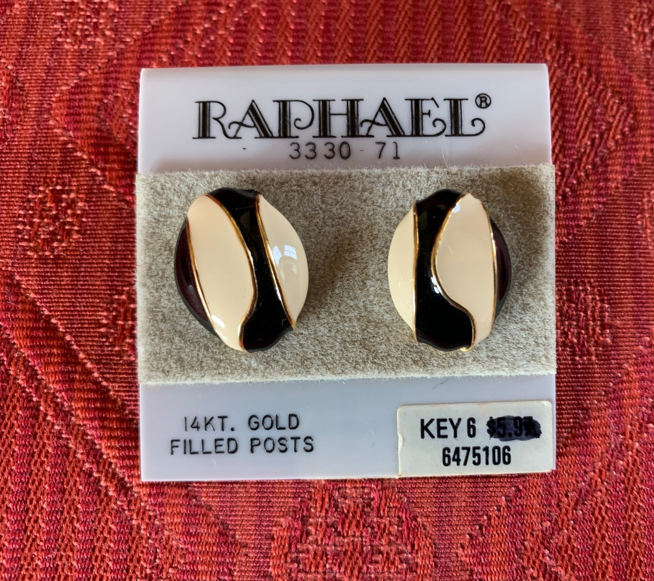 Vintage Raphael Black/White/Gold tone Enamel Pierced Earrings 14 kt Posts