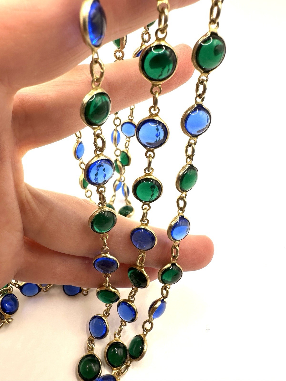 VTG Poured Glass Bezel Set Link Necklace 54”