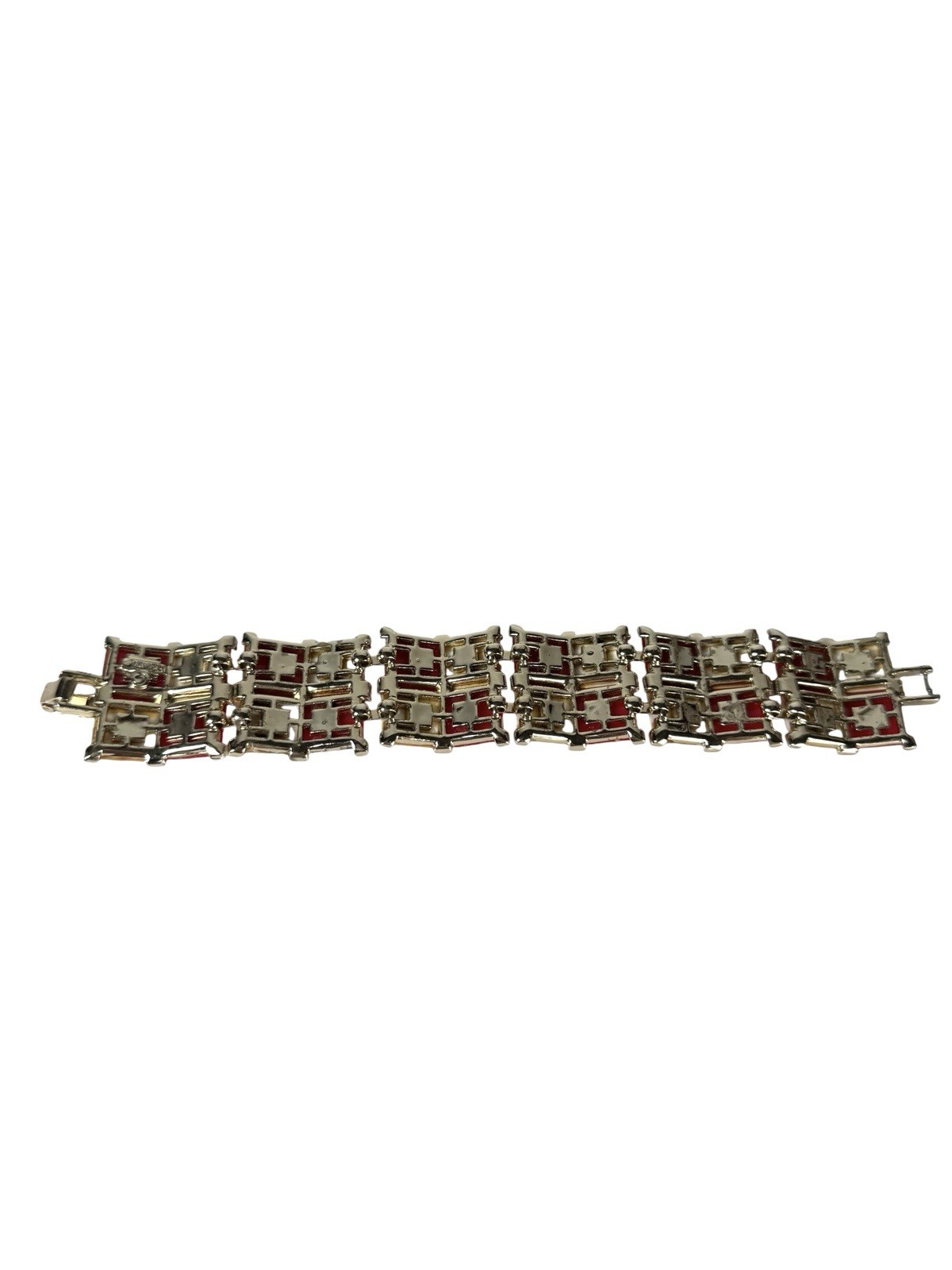 Vintage KRAMER NY Red & White Square Cabochon Checkers Link Bracelet Gold Tone