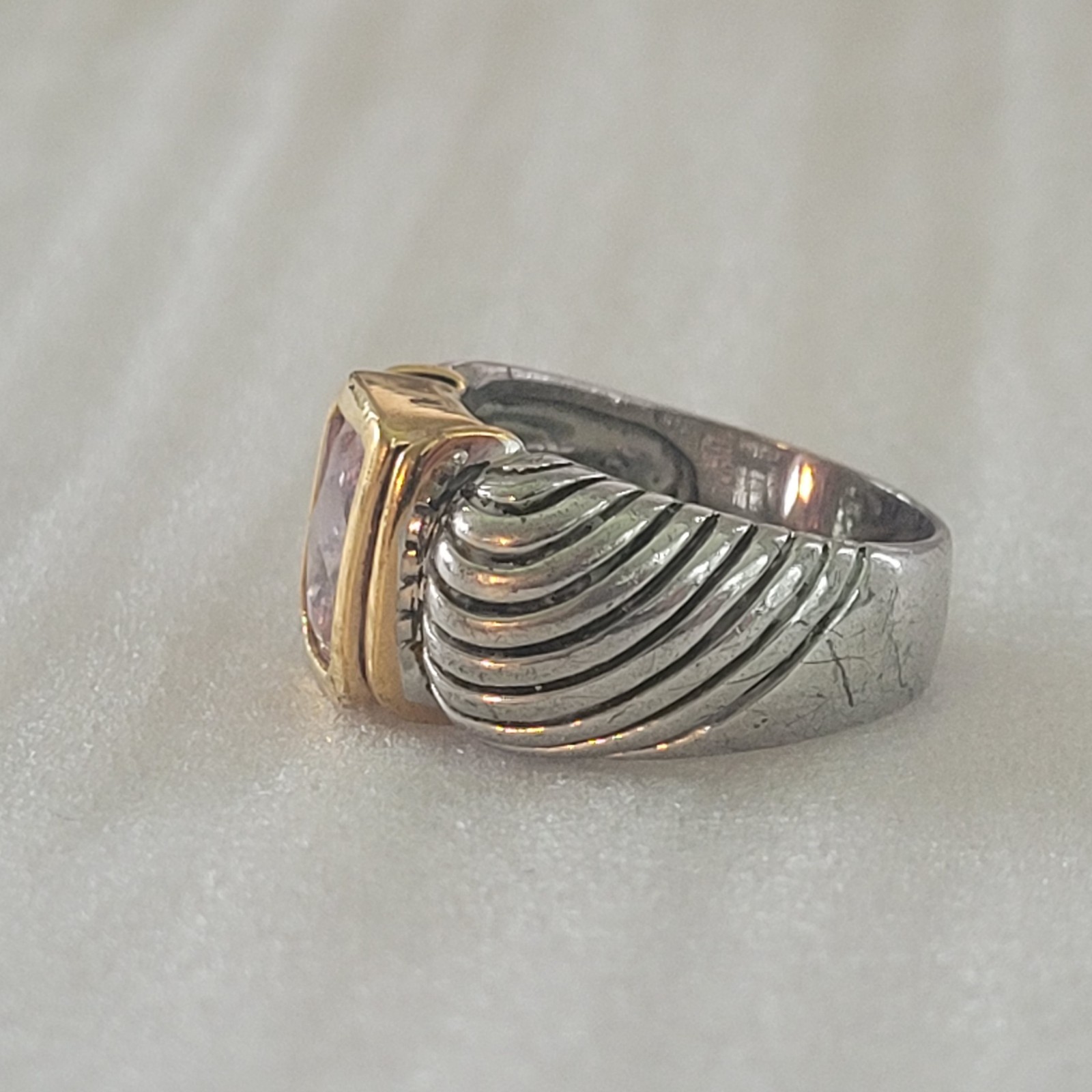 Vintage Two Tone Cable Band Ring 18K GE Pink CZ Size 9.75