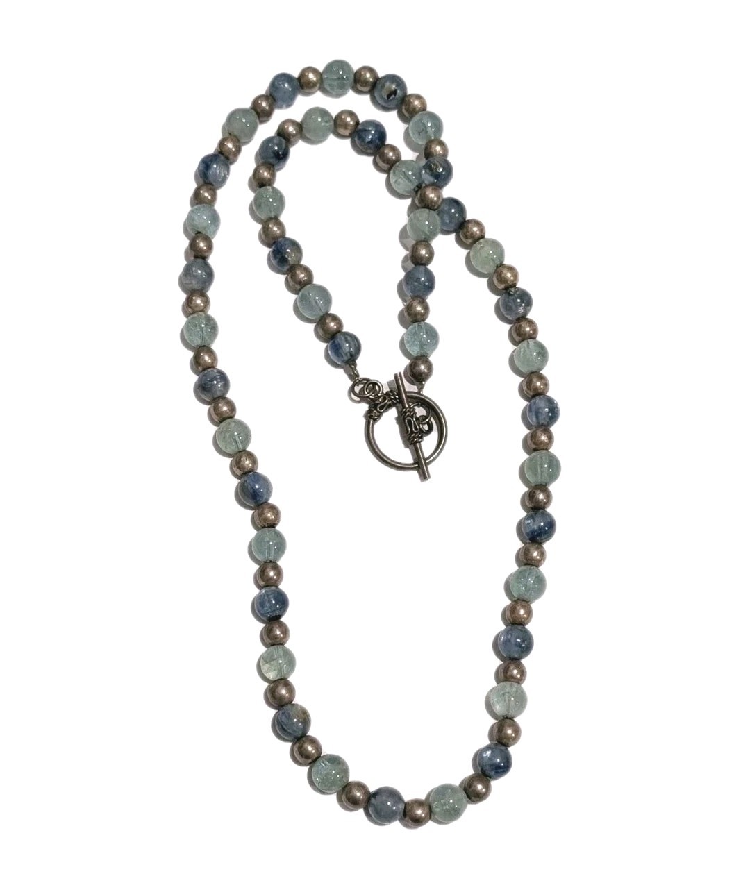 VTG Sterling Silver 6mm Ball Bead 8mm Blue Green Natural Flourite 25″ Necklace
