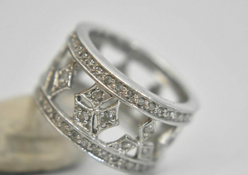 Crystal ring or wide band boho cocktail pinky sterling silver Size 5.50