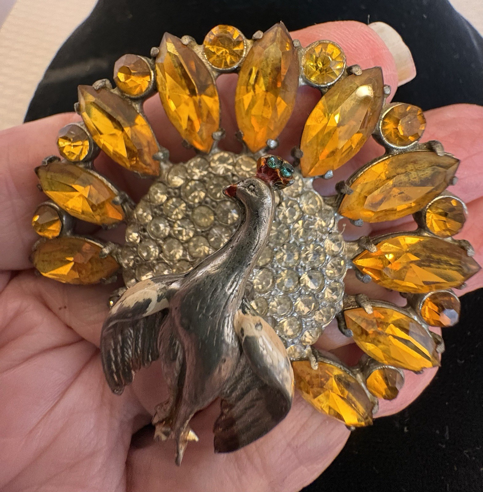 30s Vintage Pot Metal Peacock Brooch Amber Glass Marquise Pave Rhinestones 2.5″