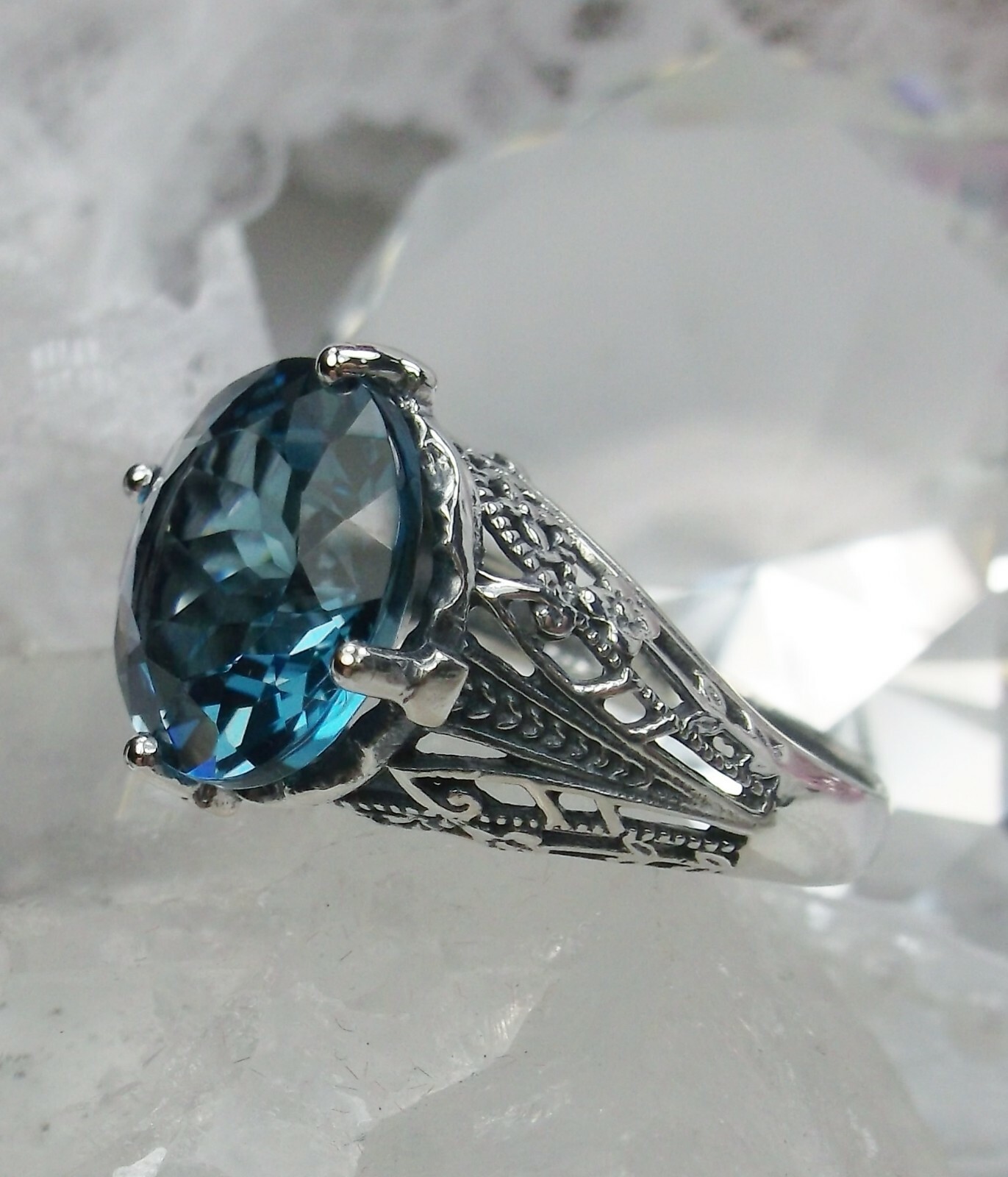 NATURAL London Blue Topaz Sterling Silver Filigree Ring Made To Order D#54