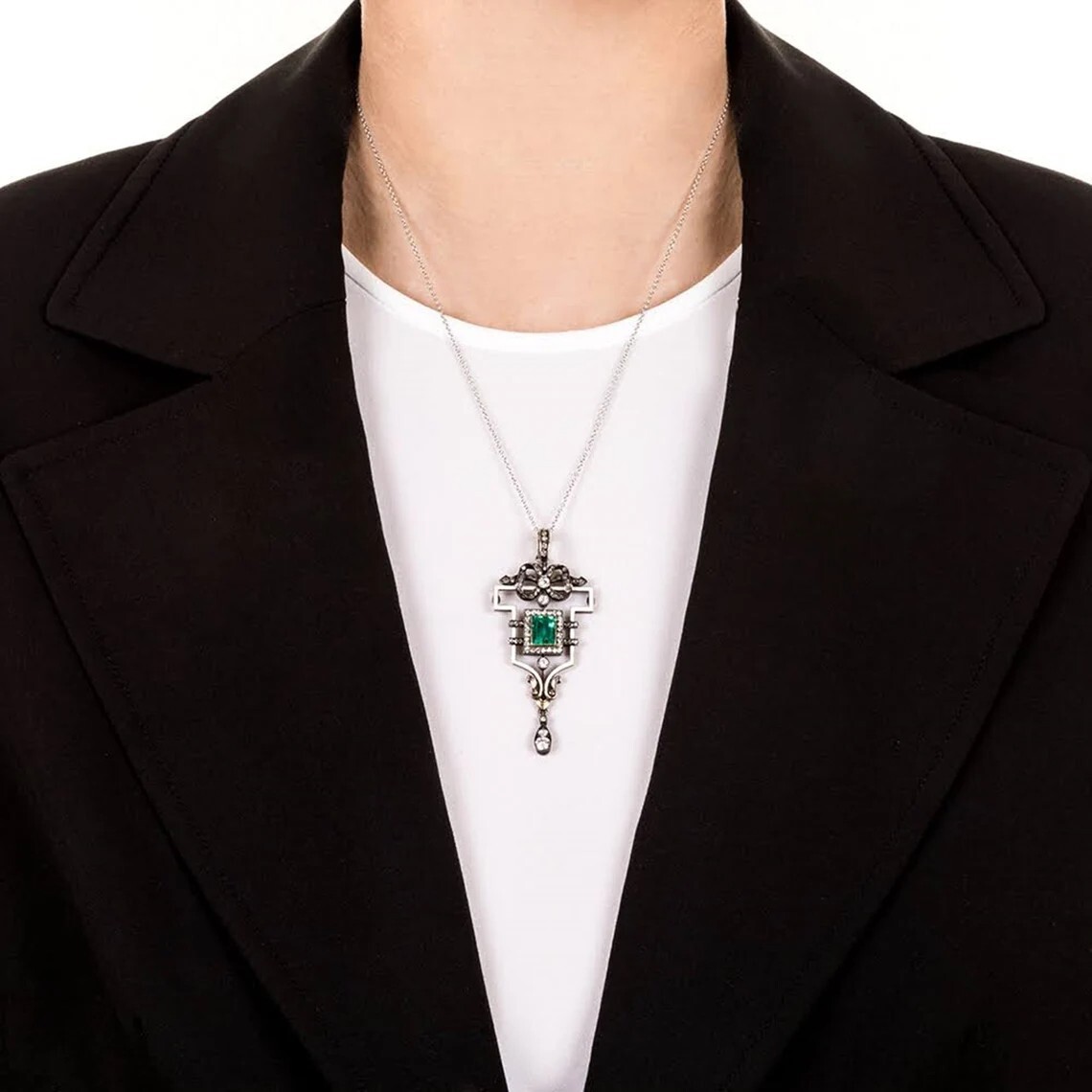 Green Emerald & White Lab Created Diamond Wedding 14K White Gold Finish Pendant