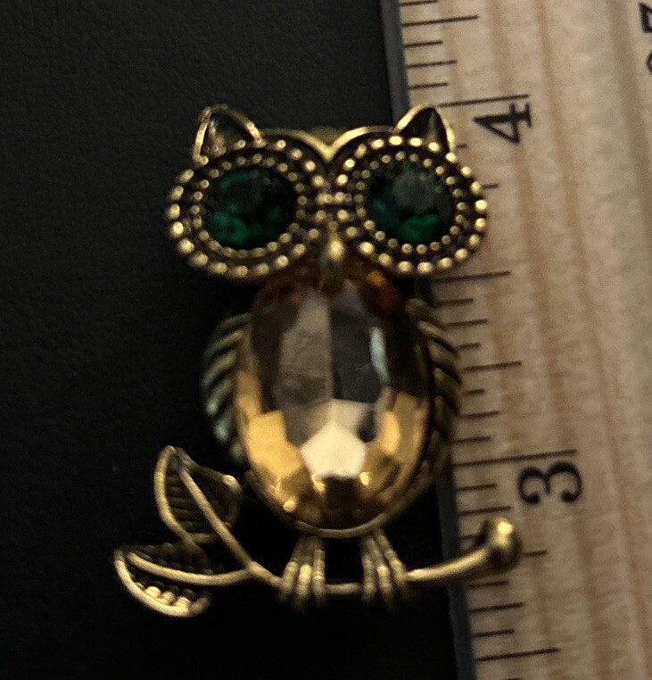 Antique Gold Tone Owl Brooch Rhinestone Green Eyes Yellow Belly Boxed As Gift