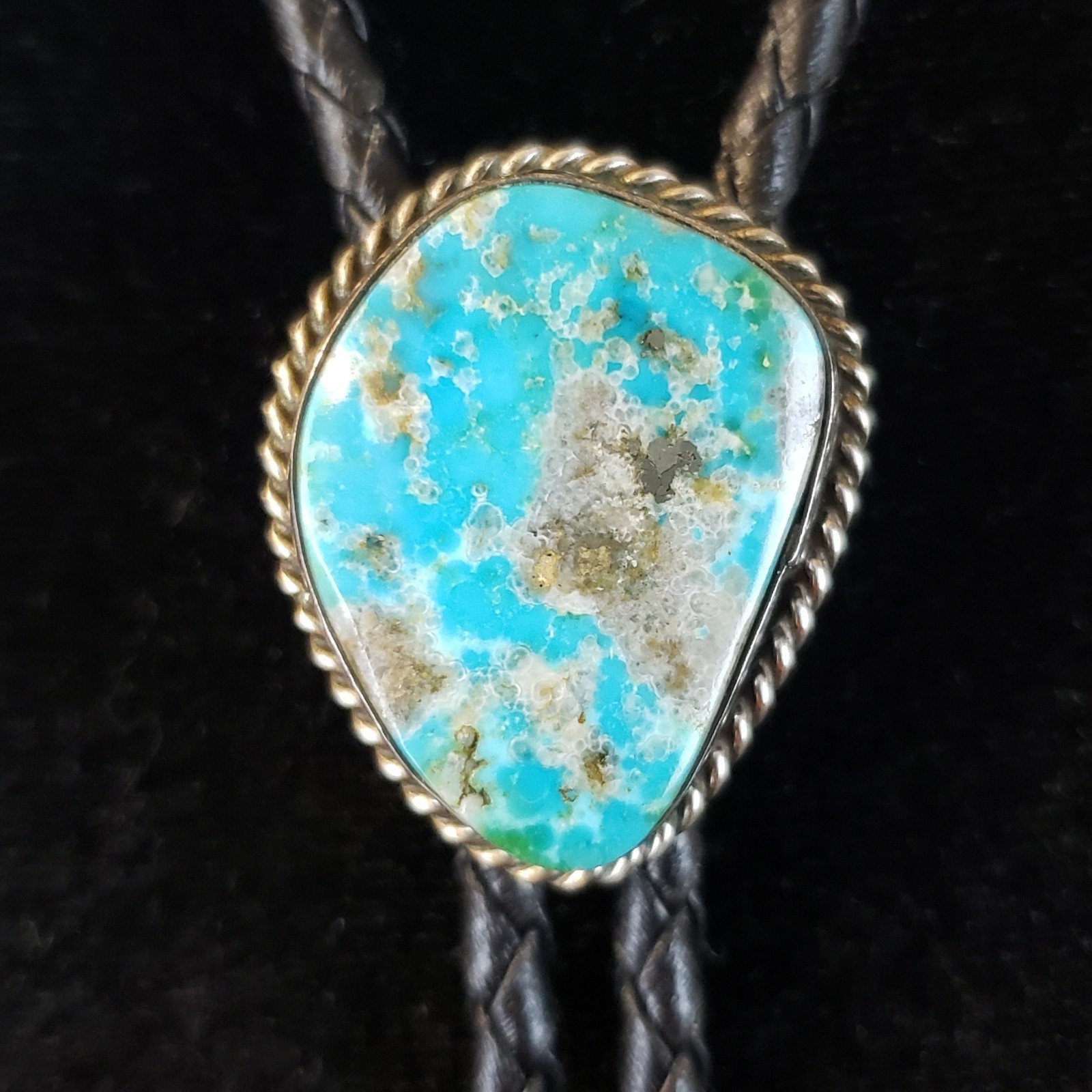 Vintage Turquoise Bolo Tie Sterling Silver Bezel Native American Signed S