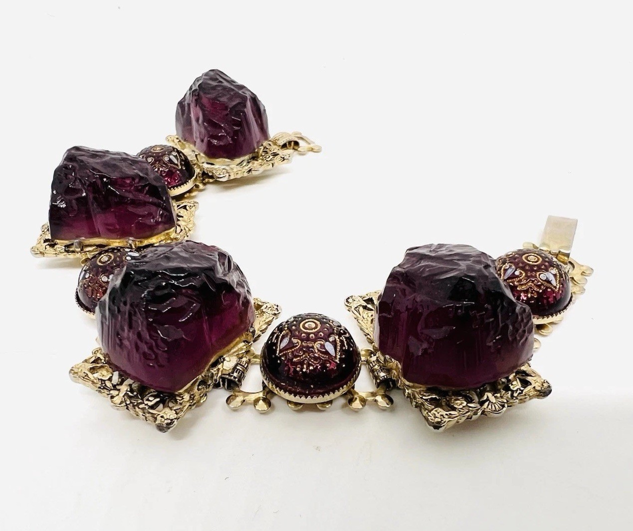 Chunky Purple Molded Glass & Lava Rock 3D Book Chain Bracelet Vintage Jewelry