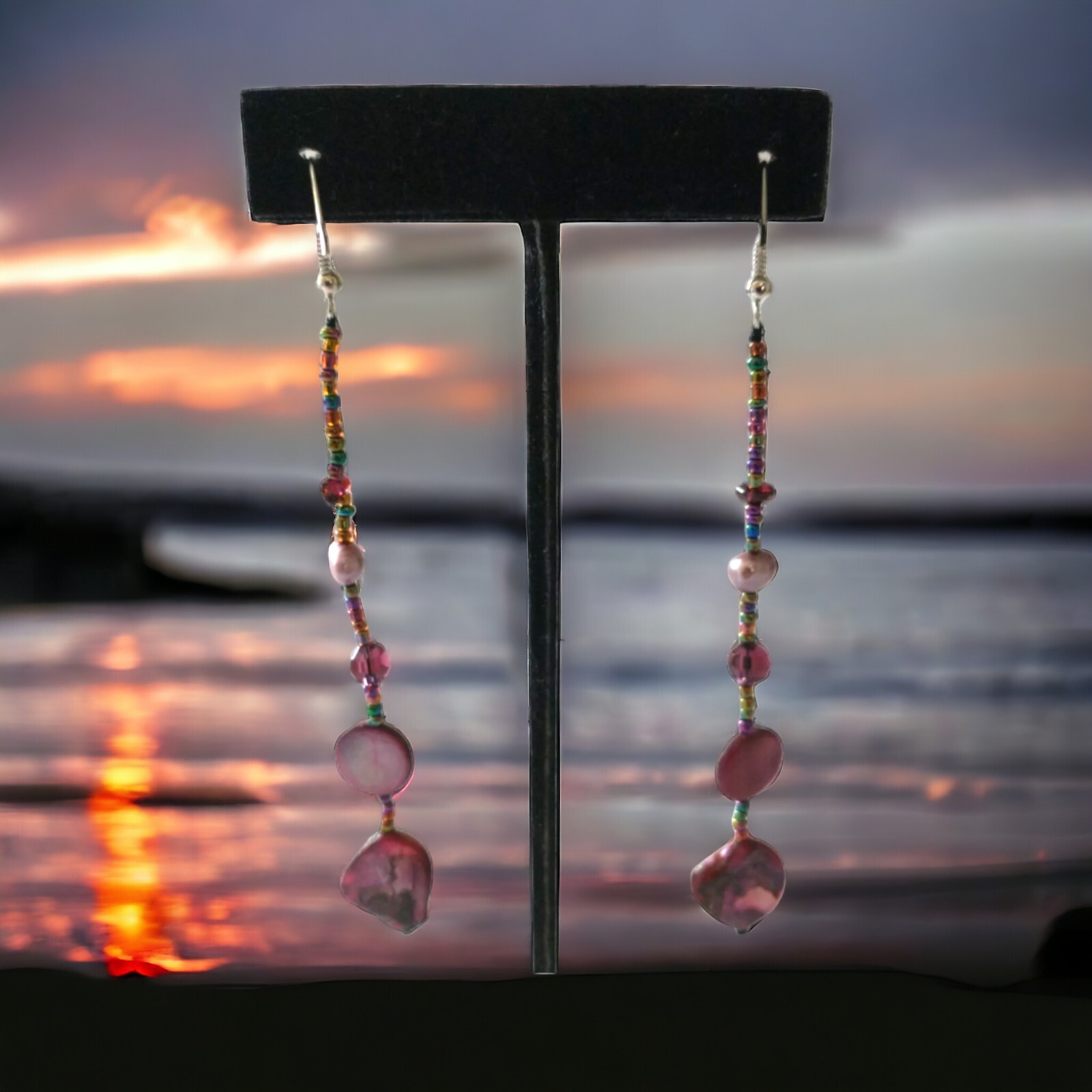 Pink Shell Beaded Dangle Earrings Boho Coastal Beach Mermaidcore Statement