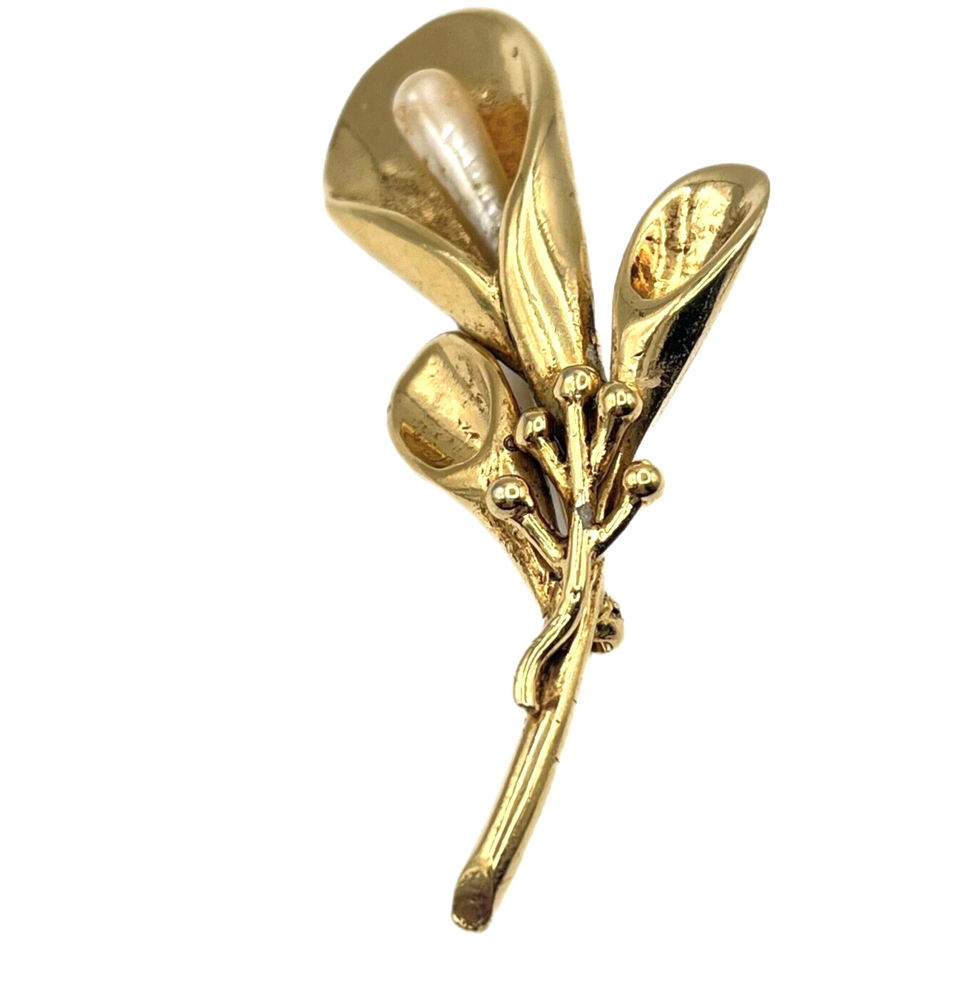 Vintage Anne Klein Calla Lily Brooch Elongated Pearl Gold Tone Flower Pin 3″