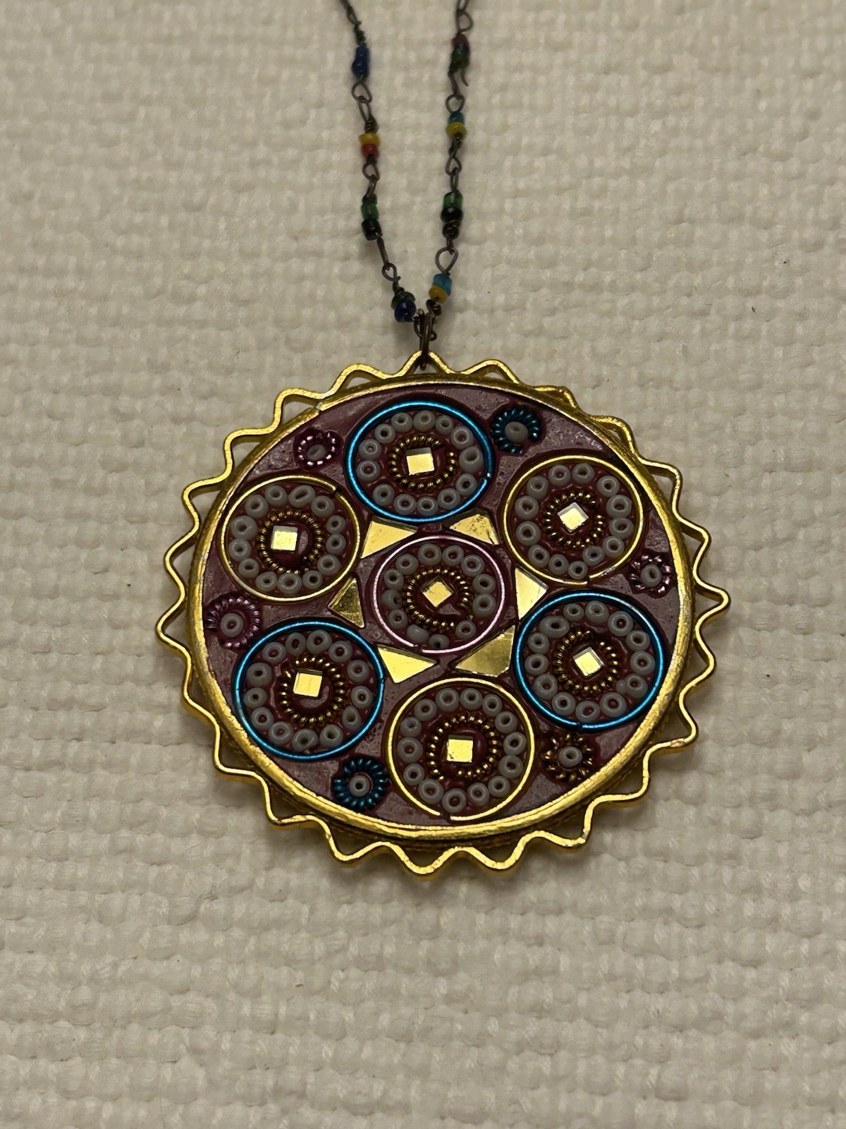 Vintage Large Medallion Mosaic Inlaid Mirrors Beaded Necklace Stamped India