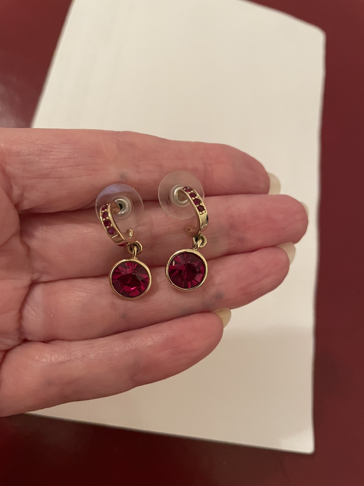 Givenchy Ruby Red Crystal Gold Tone Dangle Earrings