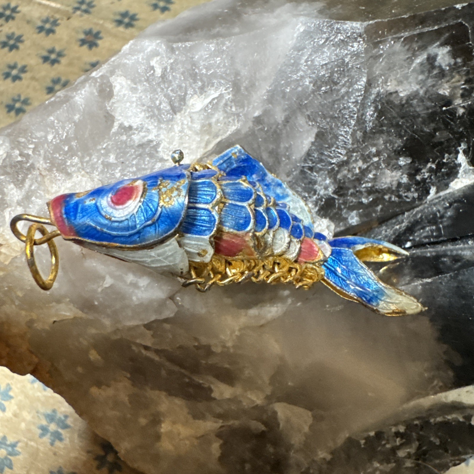 Vintage Koi Fish Cloisonne Blue White Pink Articulated Enamel Ornament Pendant