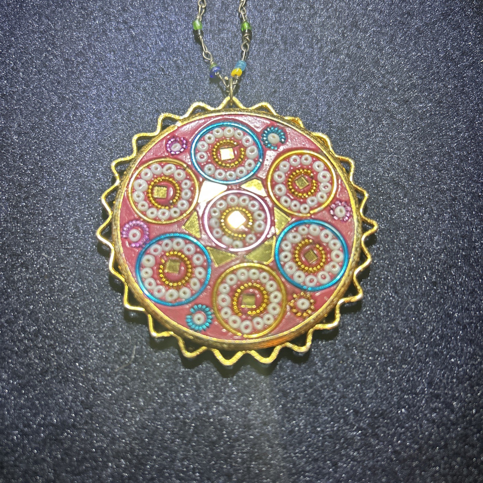Vintage Large Medallion Mosaic Inlaid Mirrors Beaded Necklace Stamped India