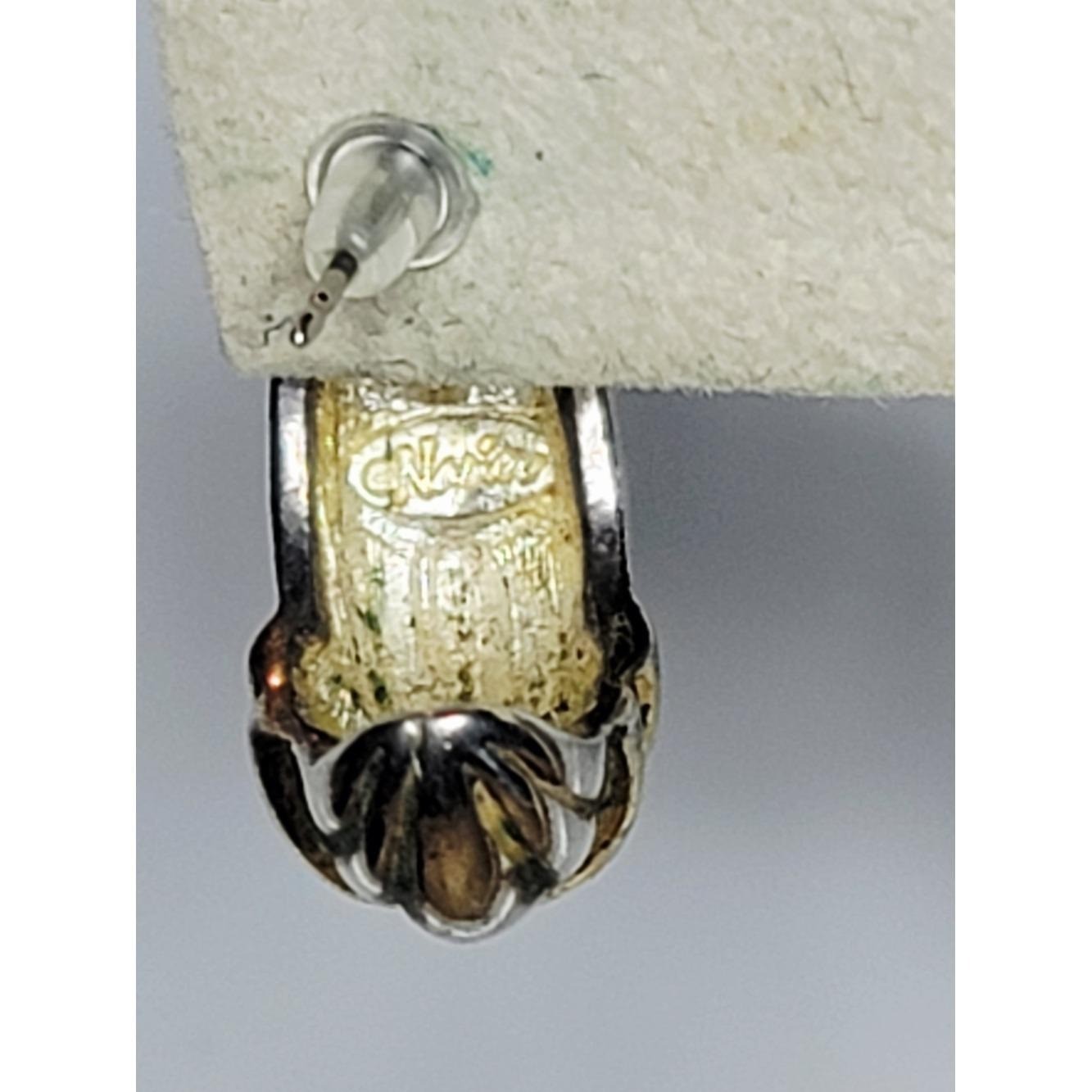 Vintage Napier Two Tone Hoop Earrings Gold & Silver Ribbed Designer Earrings
