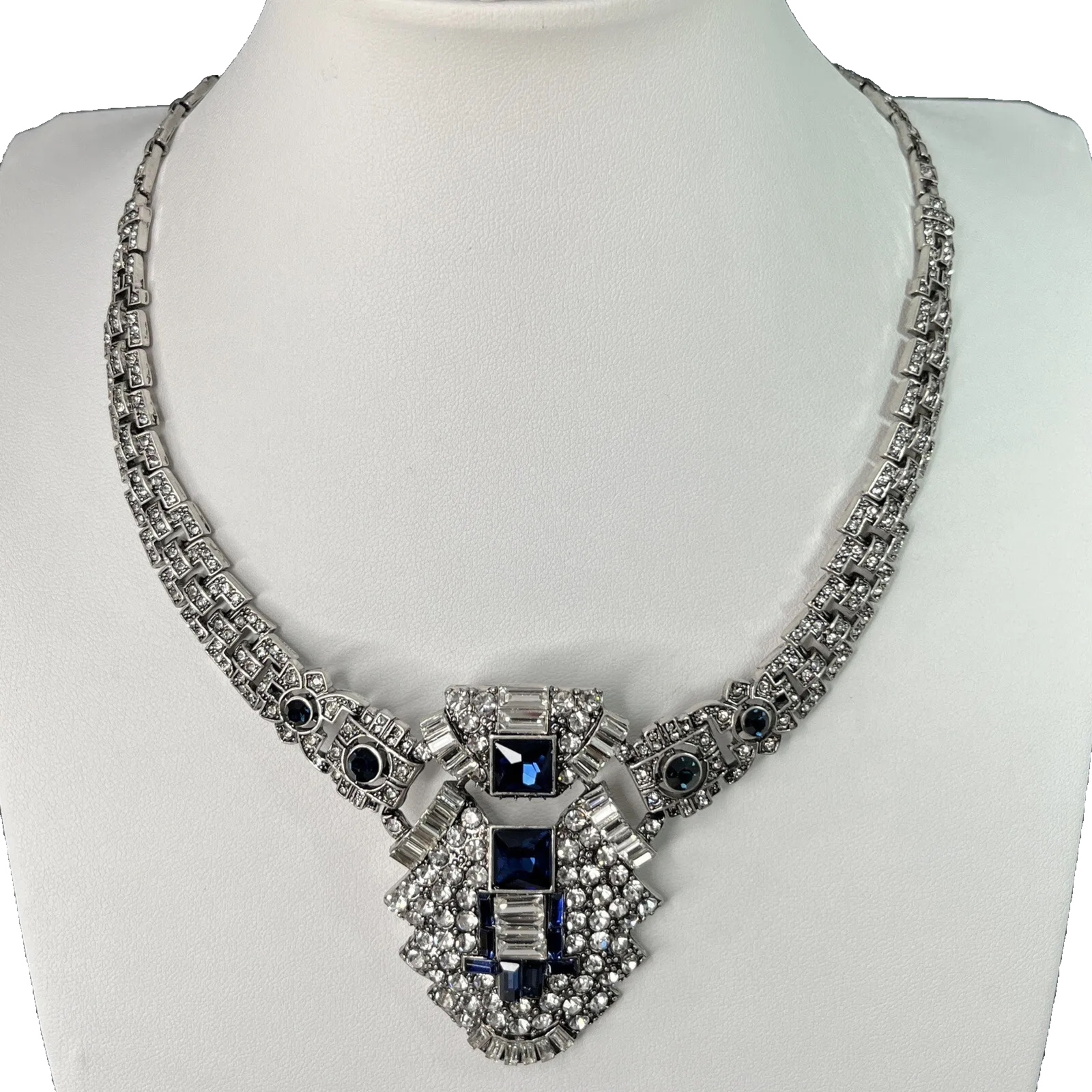 Art Deco Revival Rhinestone Choker Necklace Silver Blue Lavalier Wedding Bride