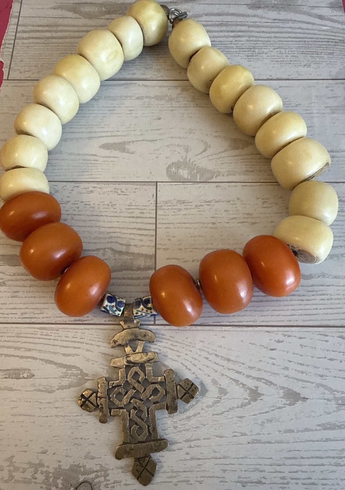 Vintage Coptic Cross Necklace African Amber Trade Beads Tribal Boho