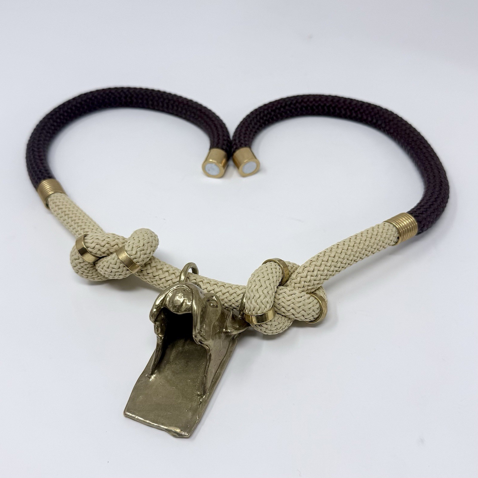 Vintage Boxer Dog Solid Brass Pendant Rope Statement Necklace Magnetic Clasp 26”