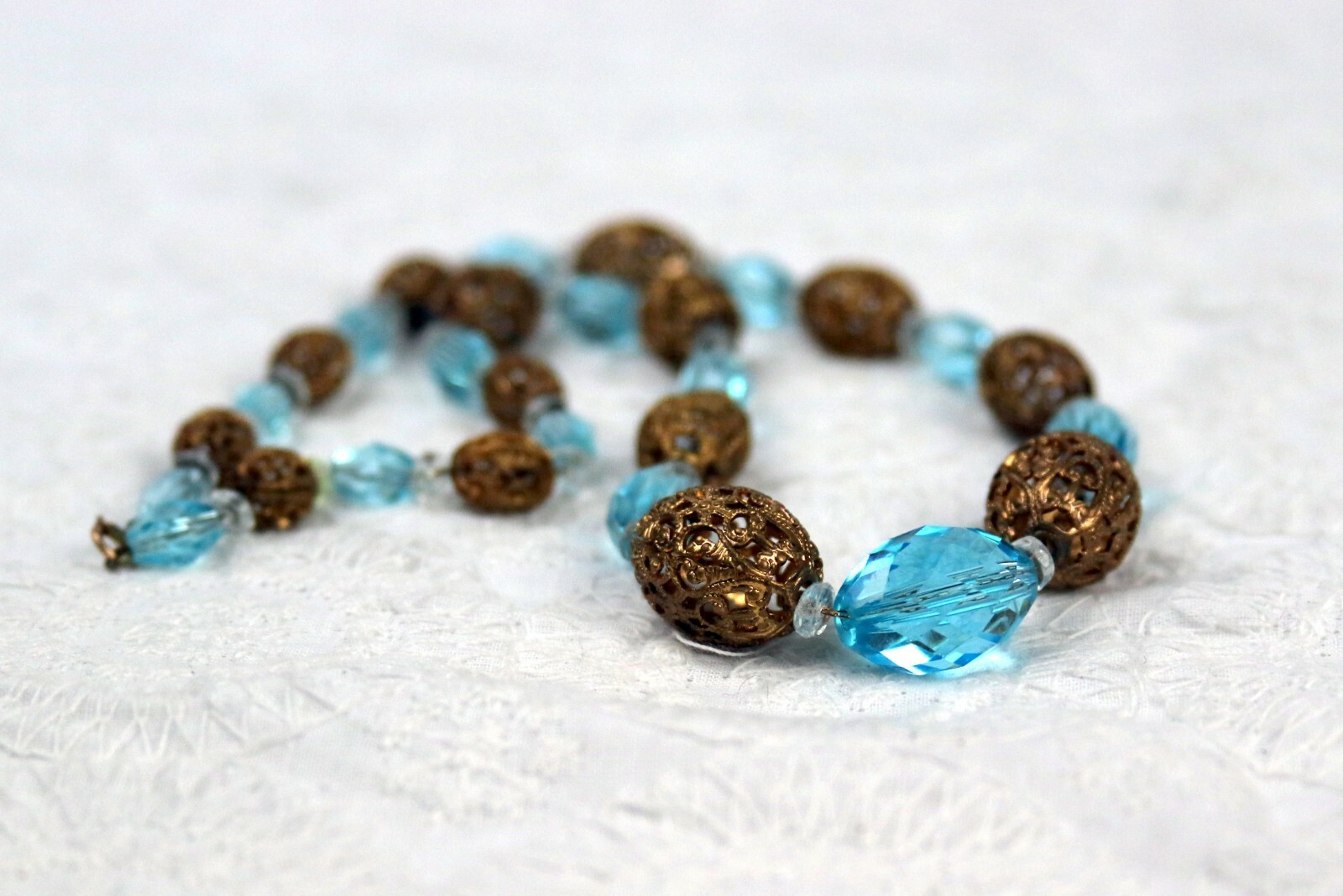 Vintage Czech Era Aqua Blue Gold Tone Filigree Necklace