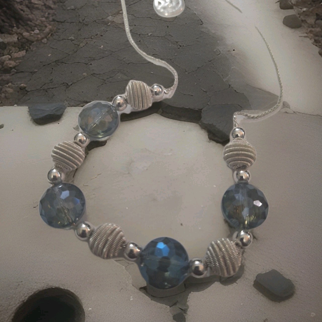 Vintage Crown Trifari Blue/Grey AB Faceted Glass And Metal Beaded Necklace