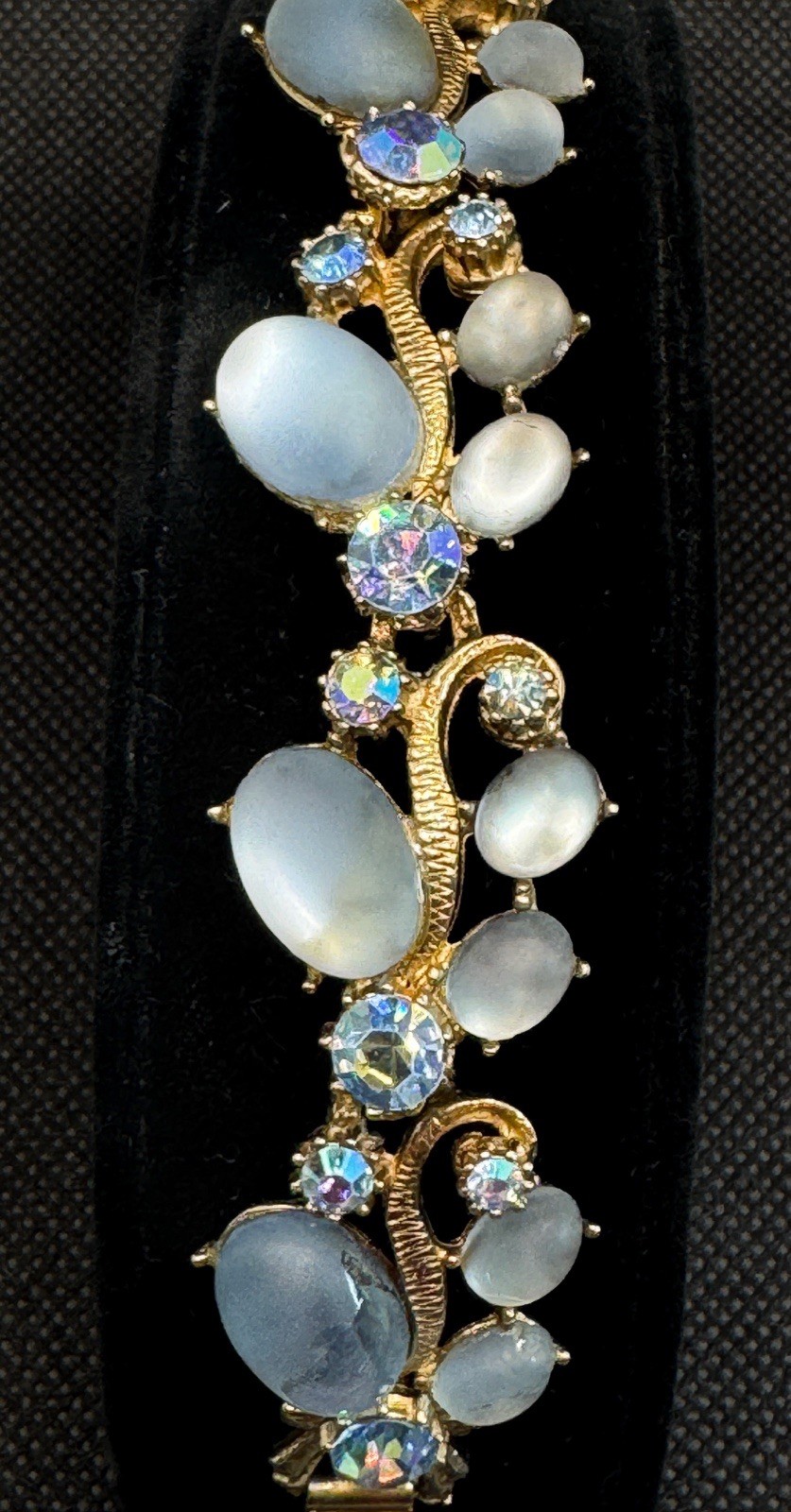Vintage Blue Moonstone Cabochon Bracelet AB Rhinestones Gold Tone Mid Century