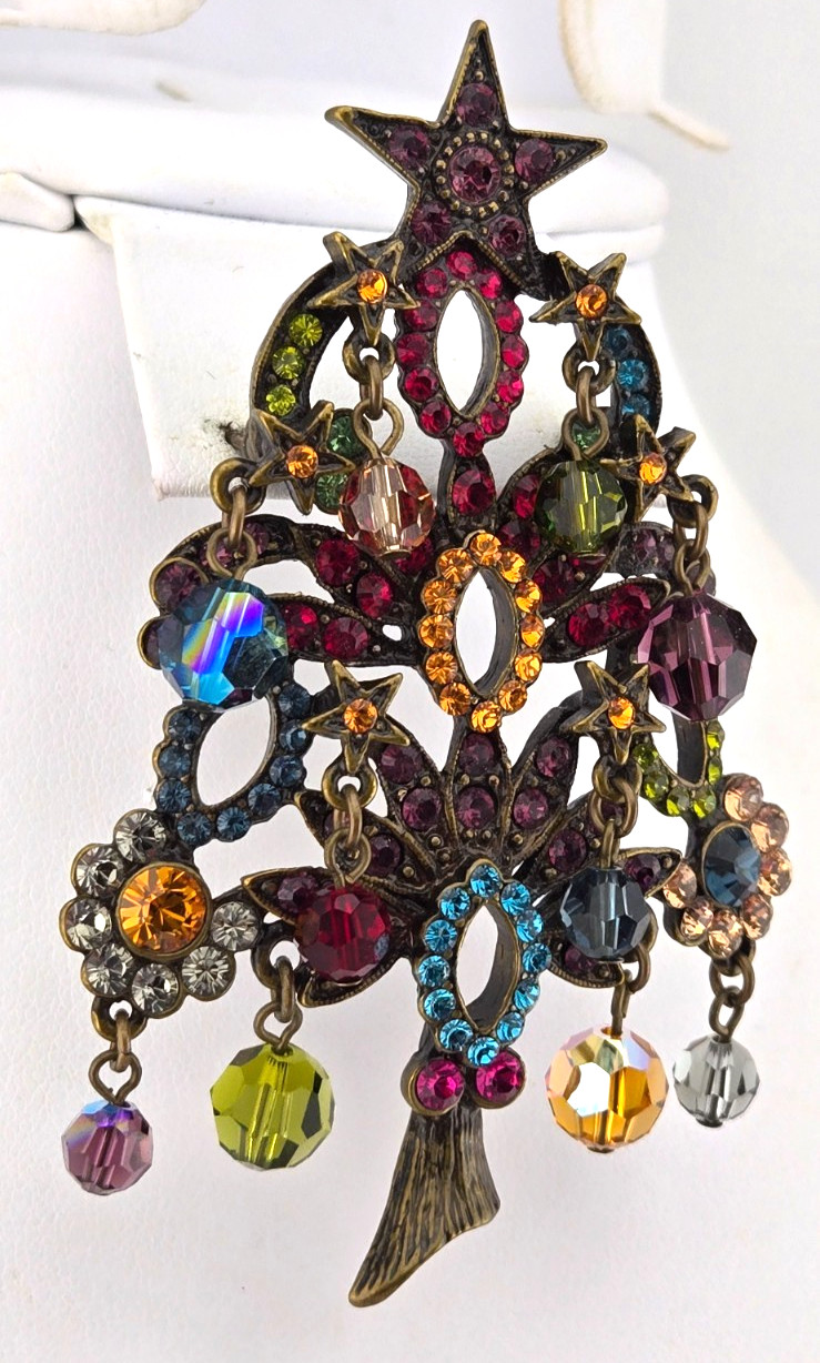Kirks Folly Christmas Tree Brooch Pin Antique GT Crystals Dangles Original