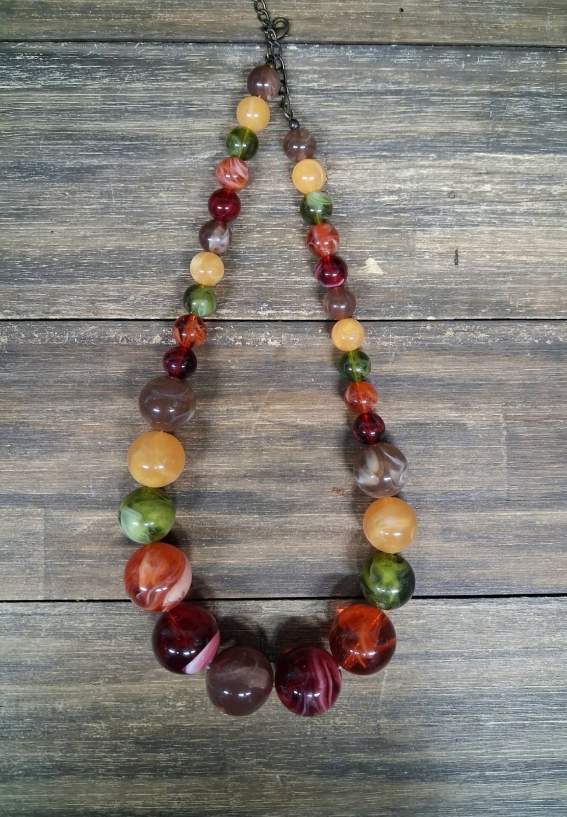 Vintage Beaded Necklace Yellow Brown Orange Magenta Marble Swirl Style