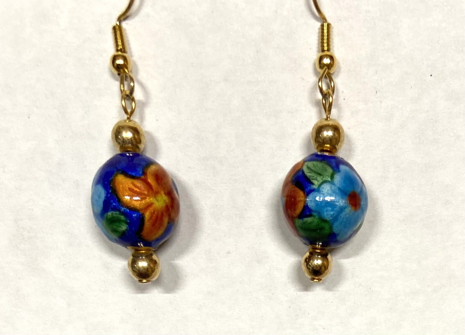Vtg. Chinese Enamel Dangle Earrings Ball-Gold Tone-asst color flowers on Dk Blue