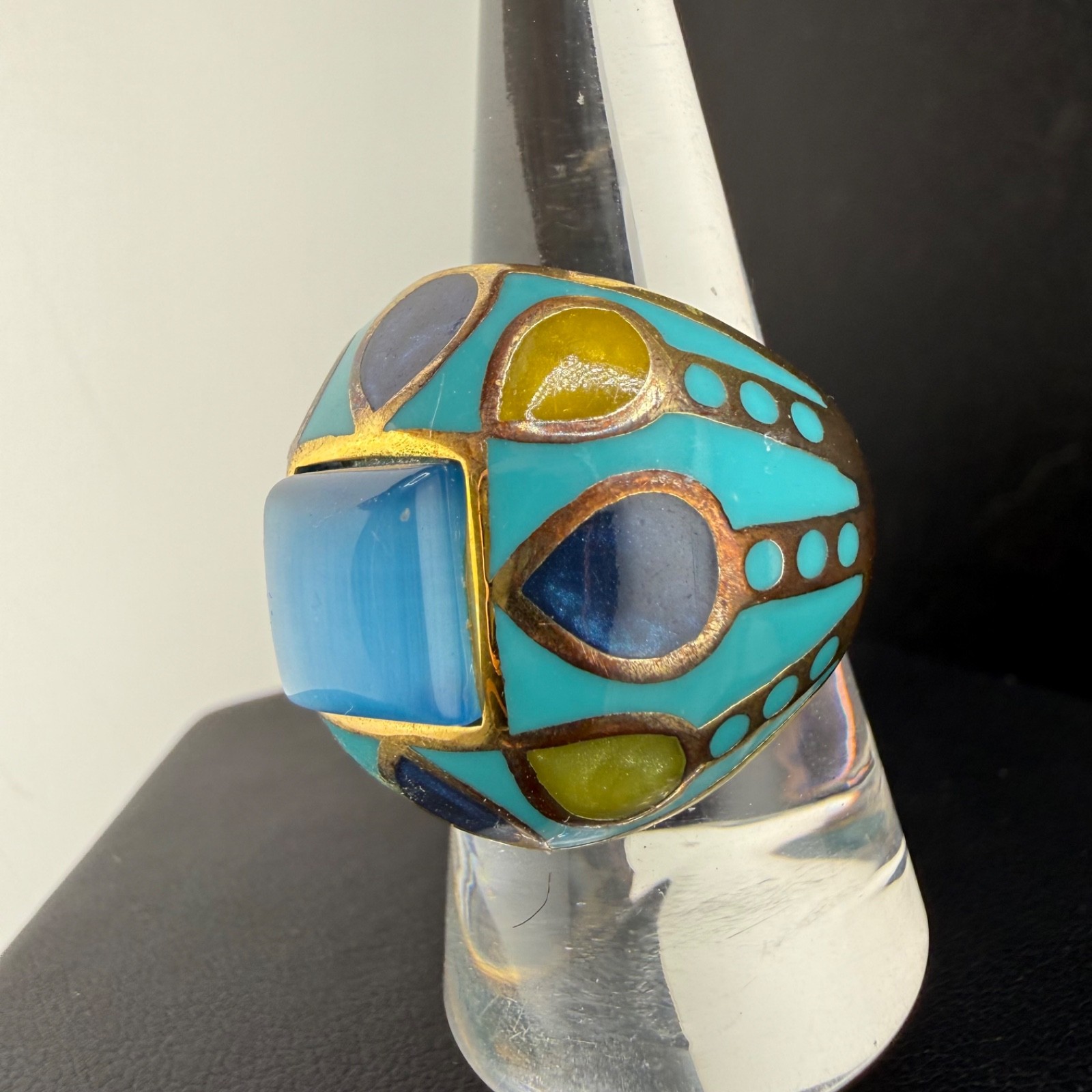 Enamel Dome Ring Blue Abstract Stainless Steel Gold Tone Size 8.75