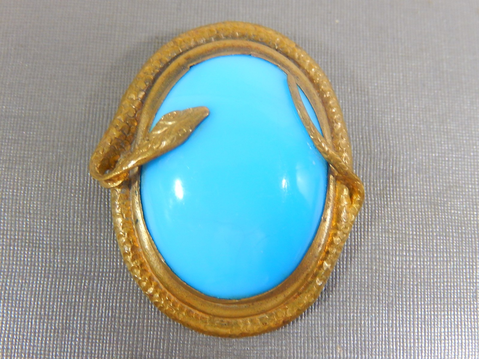 ANTIQUE VICTORIAN BRASS SNAKE LARGE PERSIAN TURQUOISE GLASS CABOCHON BROOCH