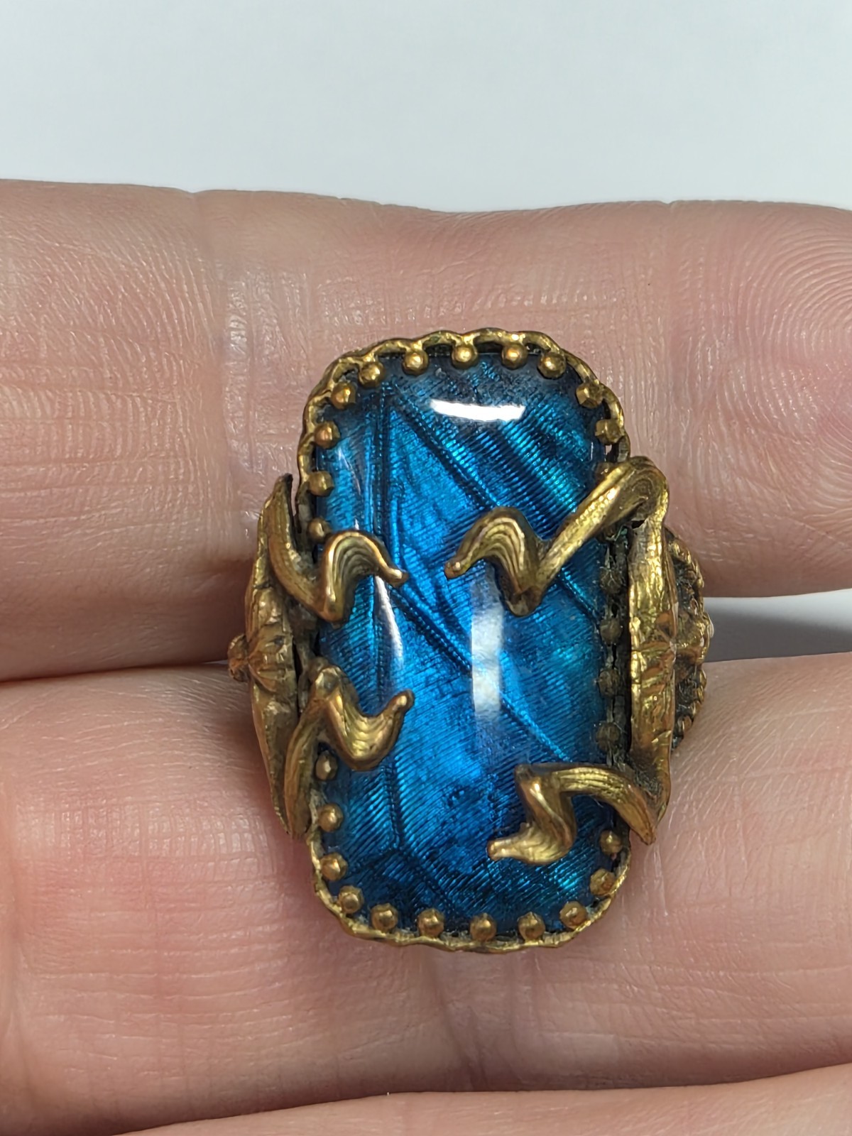 Antique Art Deco Blue Morpho Butterfly Wing Green Man? Pan? Czech? Ring Devil