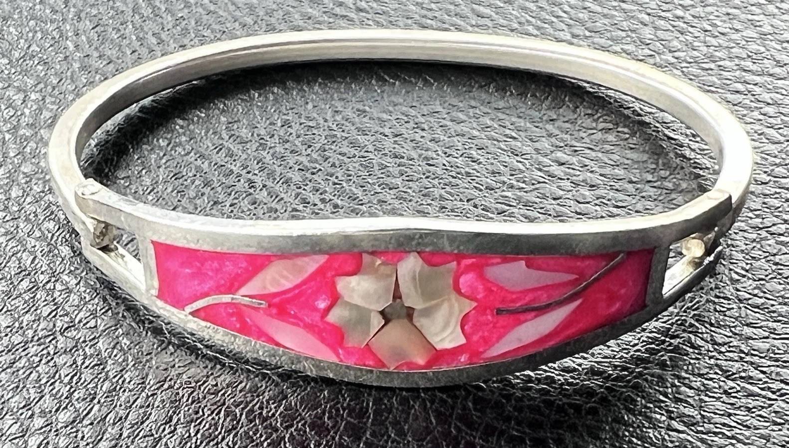 Vintage Silver Cuff Bracelet Alpaca Mexico Pink Floral Hinged Inlay