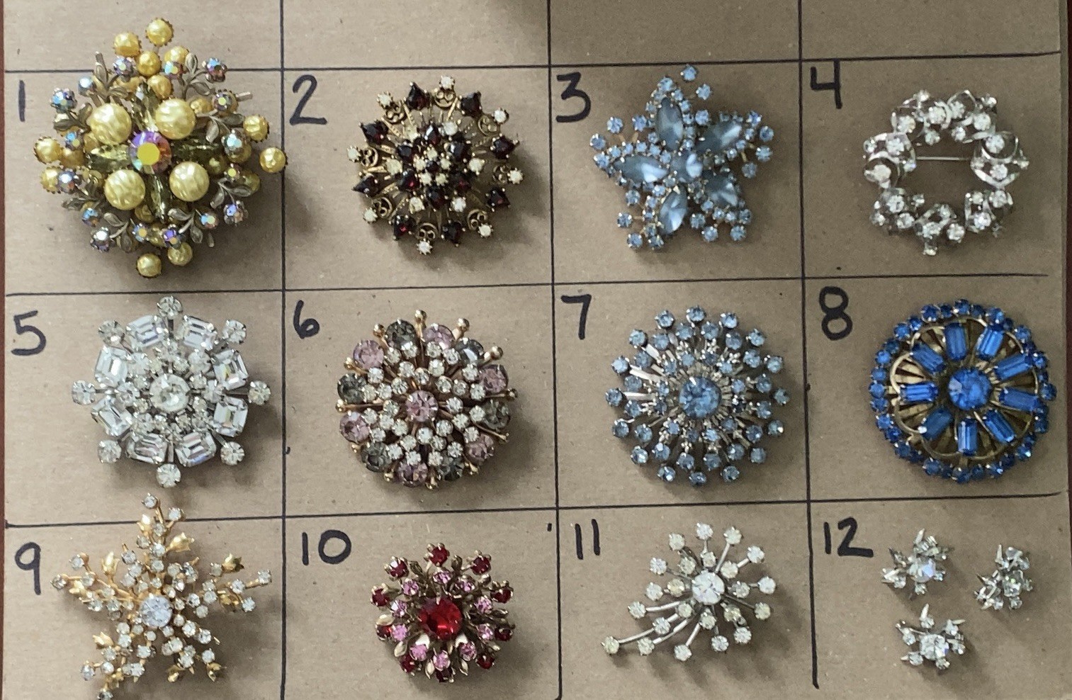 Vintage Rhinestone Brooch Pin Lot ~ 14 Rivet Swedge Mid Century Design Sparkle
