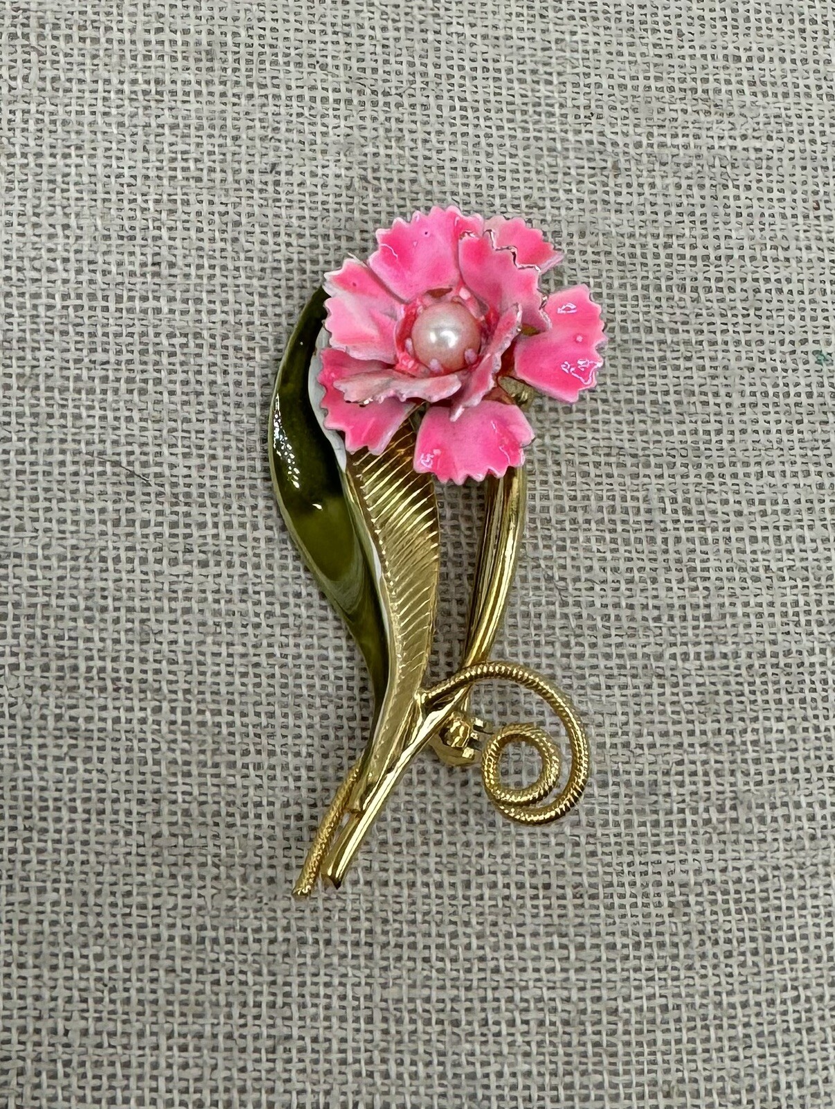 Vintage Gold Tone Faux Pearl Bright Pink Enamel Flower Brooch Pin