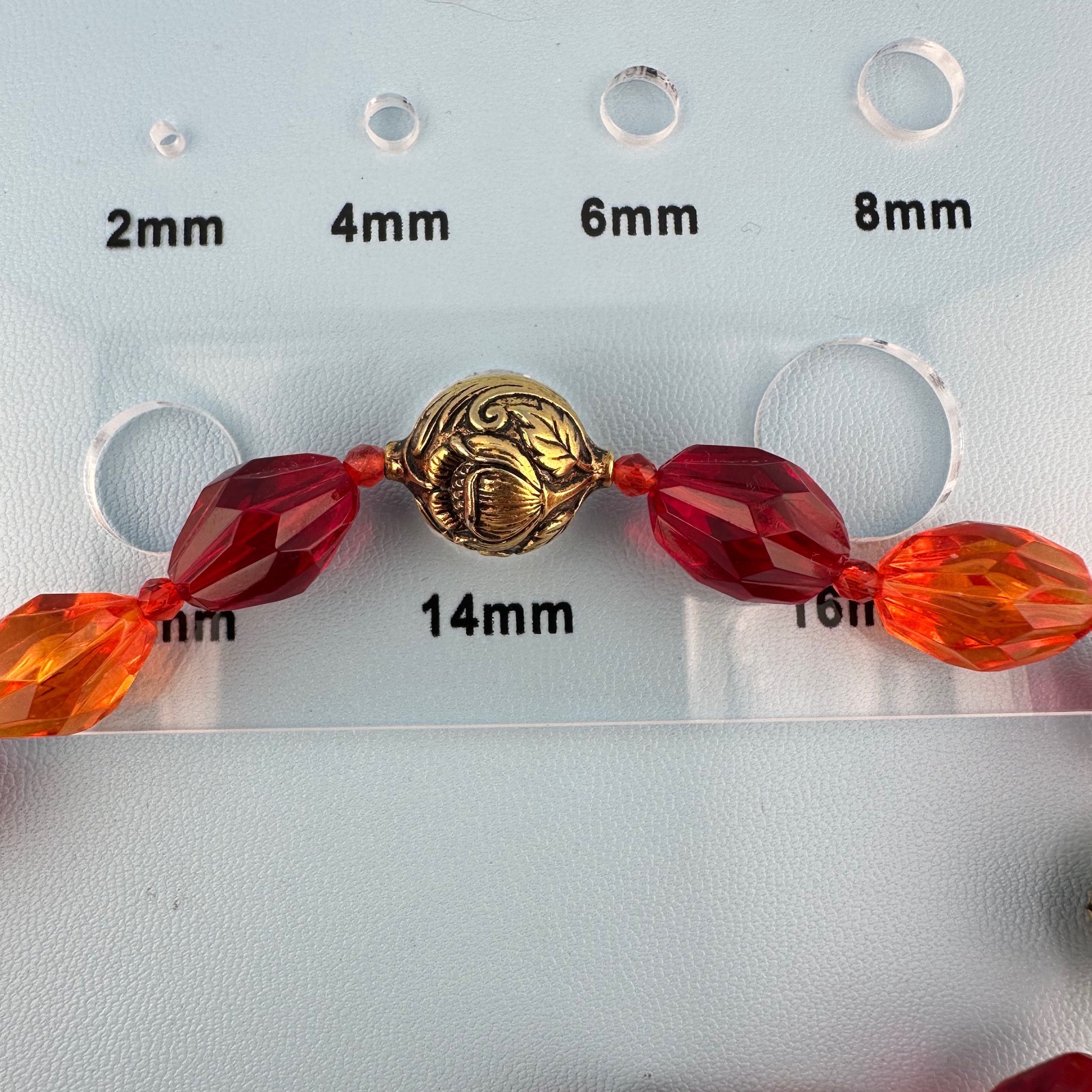 Vintage Lucite Bead Gypsy Necklace Faceted Red Orange Gold Tone Floral 46″ Boho