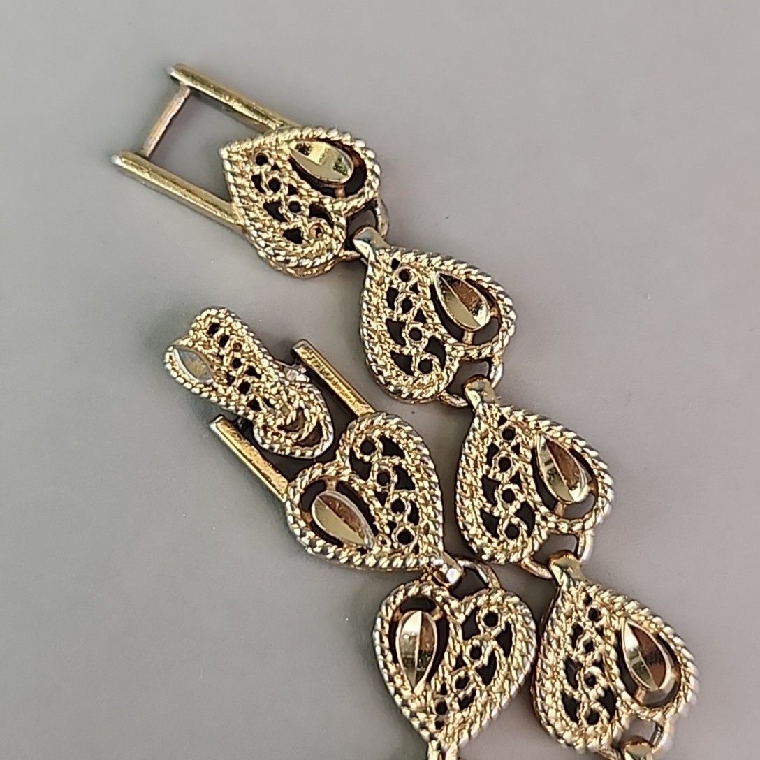 Vintage Heart Chain Bracelet Filigree Openwork 1cm Gold Tone 6.5″